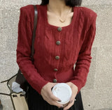 Women Knitted Cardigan Square Collar Spring and Autumn Sweater Loose Knitted Cardigan