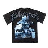 Hip-hop t shirts american retro wrangler skull printing washed and distressed summer t-shirt high street loose short-sleeved t