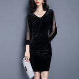 Women Maxi Dress Autumn Winter Retro Velvet V-neck Sheath Dress