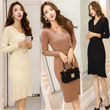 Women Maxi Dress Autumn and Winter V-neck Knitted Dress