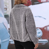 Women Trench Coat Autumn Lapel Long Sleeve Zipper Double-Sided Bubble Fleece Loose Casual Jacket