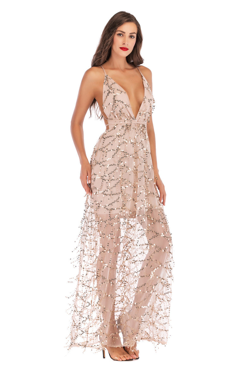 Women Evening Gown Sexy V-neck Backless Sequins Long Dress
