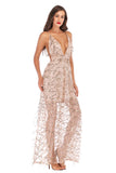 Women Evening Gown Sexy V-neck Backless Sequins Long Dress