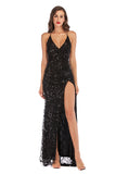 Women Evening Gown Sexy V-neck Strap Backless Sequins Dress