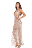 Women Evening Gown Sexy V-neck Backless Sequins Long Dress