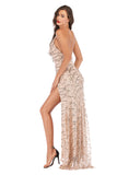 Women Evening Gown Sexy V-neck Strap Backless Sequins Dress