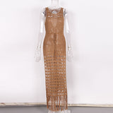 Women Knit Beach Cover Summer Hollow out Tied Tassel Beach Maxi Dress