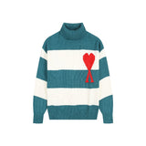 Ami striped color block heart jacquard versatile wool knit sweater long sleeve top turtleneck autumn winter warm