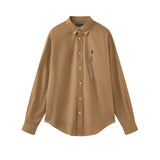 Vintage casual embroidered spur lapel shirt - pink cotton oxford long sleeve top - e-commerce wholesale supply