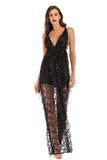Women Evening Gown Sexy V-neck Backless Sequins Long Dress