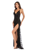 Women Evening Gown Sexy V-neck Strap Backless Sequins Dress