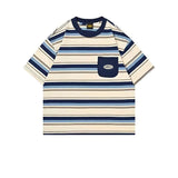 Hip-hop t-shirts: american retro vibe trendy striped short-sleeve men's high street hip-hop casual loose-fit tee