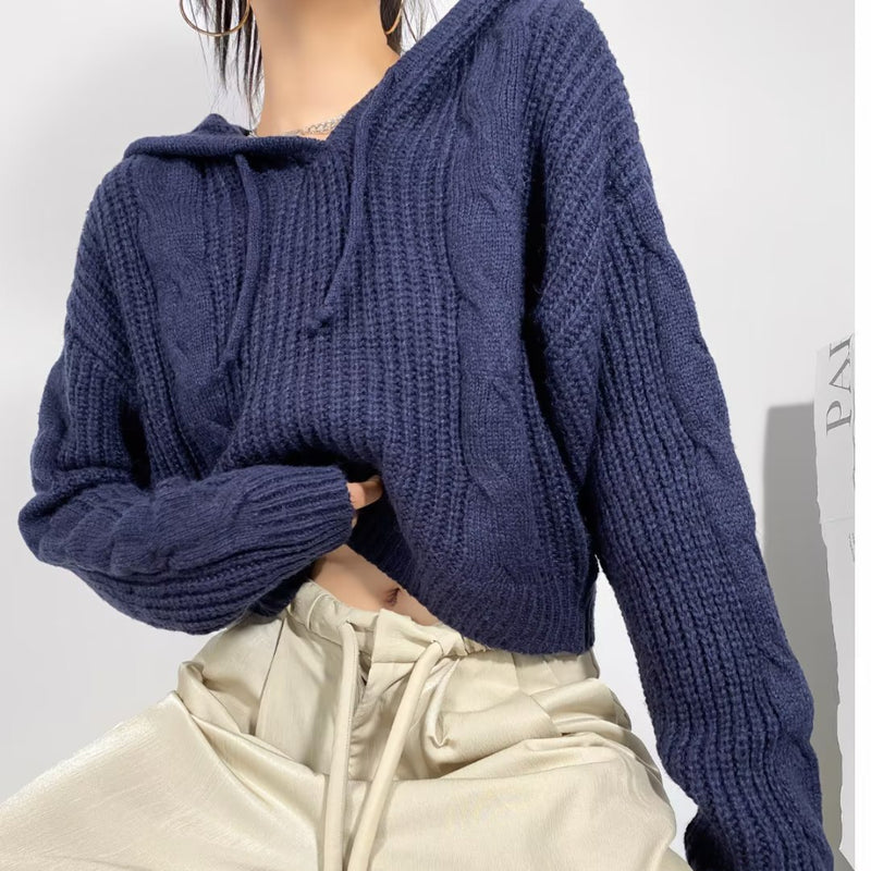 Women Sweater Knitwear Autumn Short Hood Pullover Sweater Long Sleeve Sweater