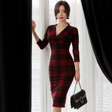 Women Maxi Dress Spring and Autumn Sheath V-neck Plaid Dress