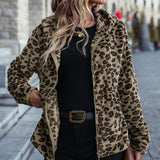 Women Trench Coat Fall Winter Hooded Long Sleeve Loose Zip Animal Pattern Flannel Casual Coat