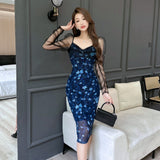 Women Maxi Dress Spring and Autumn Sexy Mesh Floral Print Sheath Puff Sleeve Dress