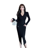 Women Maxi Dress Autumn and Winter V-neck Long Sleeve Narrow Long Slit Dress