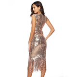 Women Evening Gown Sexy V-neck Tassel Sequins Dress
