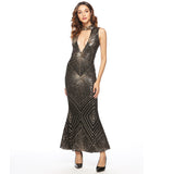 Women Evening Gown Sexy V-neck Geometric Stripes Sequins Dress