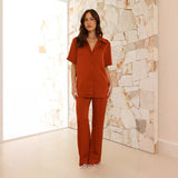 Women's solid color turn-down collar loungewear set - comfortable casual pajamas, short sleeve top and long pants - perfect for cross-border e-commerce on amazon
