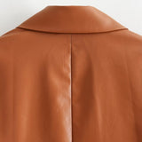 Women Leather Jacket Autumn Suit Metal Double Breasted Pocket Long Sleeve Pu Jacket