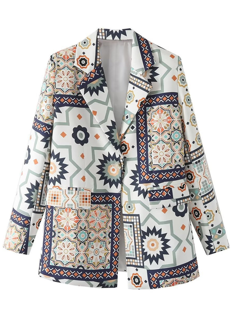 Women Suits Autumn Winter Retro Loose Printed Suit Coat Suit