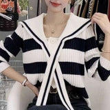 Women Knitwear Autumn and Winter Striped Sailor Collar Sweater Women's Knitted Cardigan