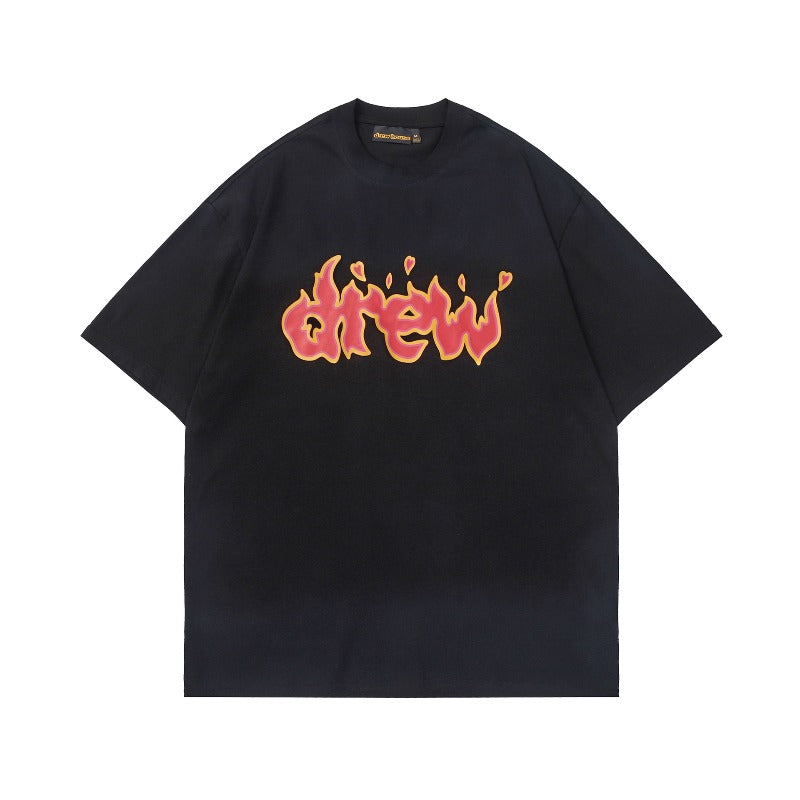 Drew house tshirt r d@ew washed & distressed flame letter crew neck pullover short sleeve