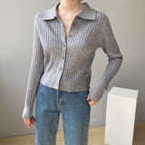 Women Knitwear Autumn Polo Collar Sweater Vintage Slim-Fit Knitted Cardigan