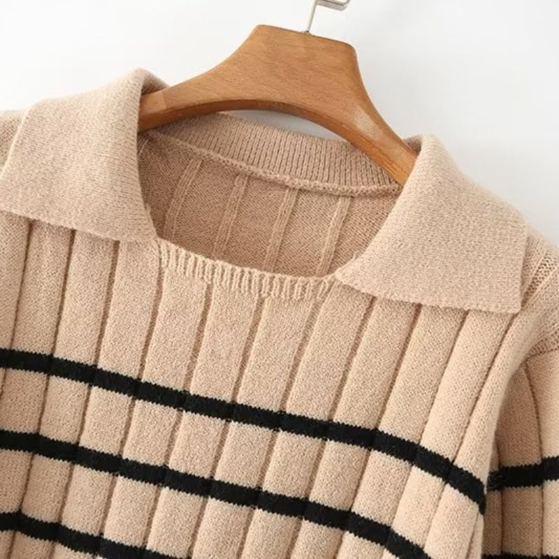 Women Sweater Knitwear Retro Lapels Striped Loose Pullover Sweater