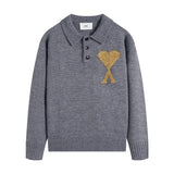 Ami araunriflove polo collar lapel wool sweater long sleeves couple fall and winterembroiderknitting shirt