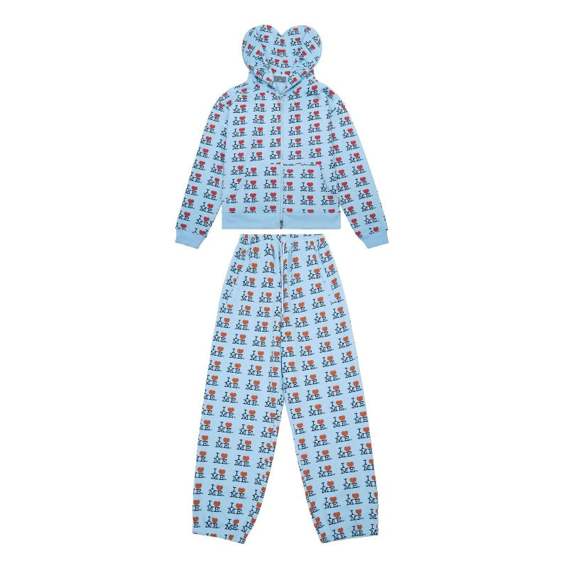 Ashley williams zip-up hoodie & sweatpants set - "i love me" graphic, heart print, fleece-lined jacket