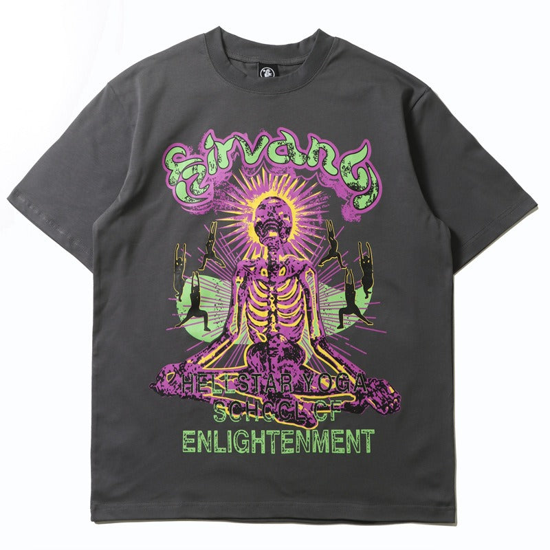 Hip-hop t-shirts: american high street style, short sleeve, skull & glow-in-the-dark letter print, relaxed fit, crew neck tee