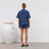 Women's pants: european and american cross-border retro casual loose-fit short-sleeve shirt and shorts denim two-piece set - women's spring/summer collection