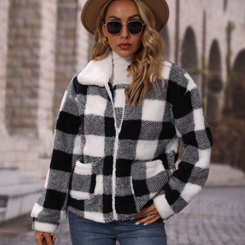 Women Trench Coat Lapel Long Sleeve Loose Zip Plaid Double-Sided Velvet Casual Jacket