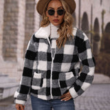 Women Trench Coat Lapel Long Sleeve Loose Zip Plaid Double-Sided Velvet Casual Jacket