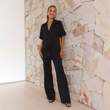 Women's solid color turn-down collar loungewear set - comfortable casual pajamas, short sleeve top and long pants - perfect for cross-border e-commerce on amazon