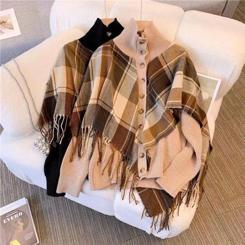 Women Knitwear Autumn and Winter Turtleneck Plaid Tassel Knitted Cardigan