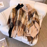 Women Knitwear Autumn and Winter Turtleneck Plaid Tassel Knitted Cardigan