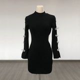 Women's Evening Dress Black Long Sleeve Bowknot Hollow-out Midriff Mini Skirt Sheath Bandage One-Piece Dress
