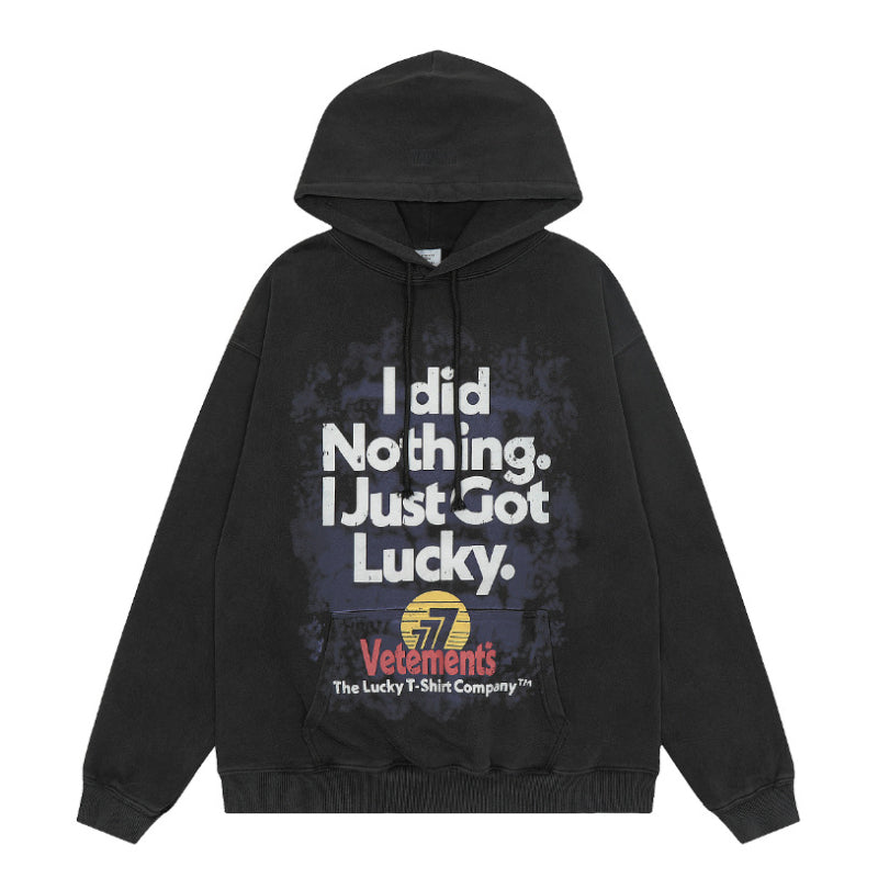 Vetements Hoodie Vintage VTM Worn Looking Washed-out Black Lucky 777 Letters Loose Hoodie Sweatshirt