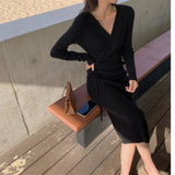 Women Maxi Dress Autumn and Winter V-neck Sweater Midi Skirt Knitted Dress
