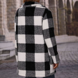 Women Trench Coat Autumn Lapel Long Sleeve Loose Plaid Zipper Double-Sided Velvet Casual Long Coat