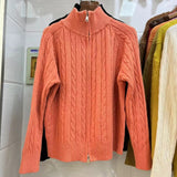 Women Knitted Cardigan Vintage Double Zipper Knitted Cardigan Casual Sweater