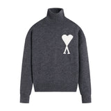 Ami high neck heart jacquard pullover sweater wool couple knitwear autumn winter long sleeve loose fit