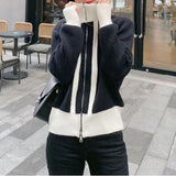Women Knitwear Autumn and Winter Loose Stand Collar Double Zipper Knitted Cardigan