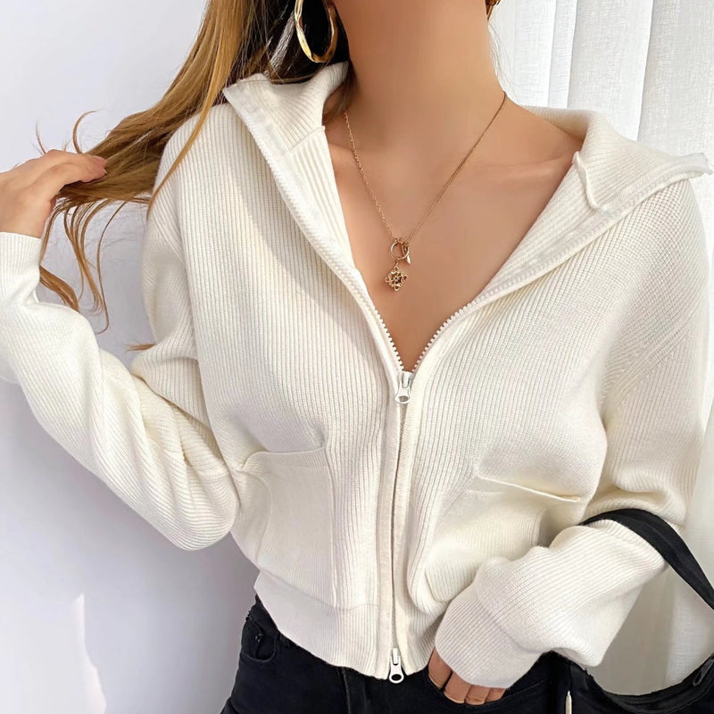 Women Sweater Knitwear Vintage Double Zipper Lapel Cardigan Top Coat Short Long Sleeve Sweater