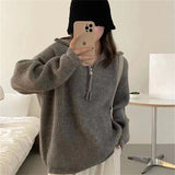 Women Knitted Pullover Autumn Zipper and Lapel Sweater Loose Long Sleeve Knitwear Top