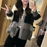 Women Knitwear Autumn and Winter Contrast Color V-neck Sweater Loose Knitted Cardigan