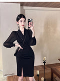 Women Maxi Dress Autumn Winter Retro Lapel Long Sleeve Mesh Dress